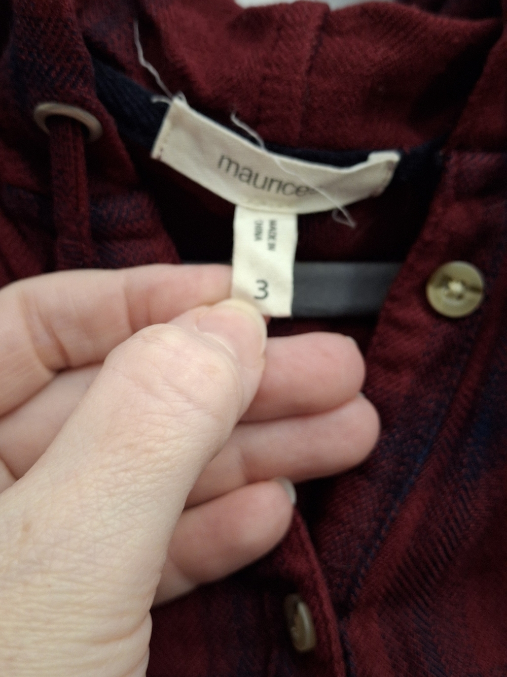Maurices Burgundy and Navy Plaid Hooded Button-Down Shirt, 3x - Picture 2 of 6